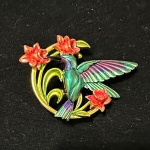 JJ Vtge. Multicolor Hummingbird Enamel Brooch - Vibrant Green and Pink